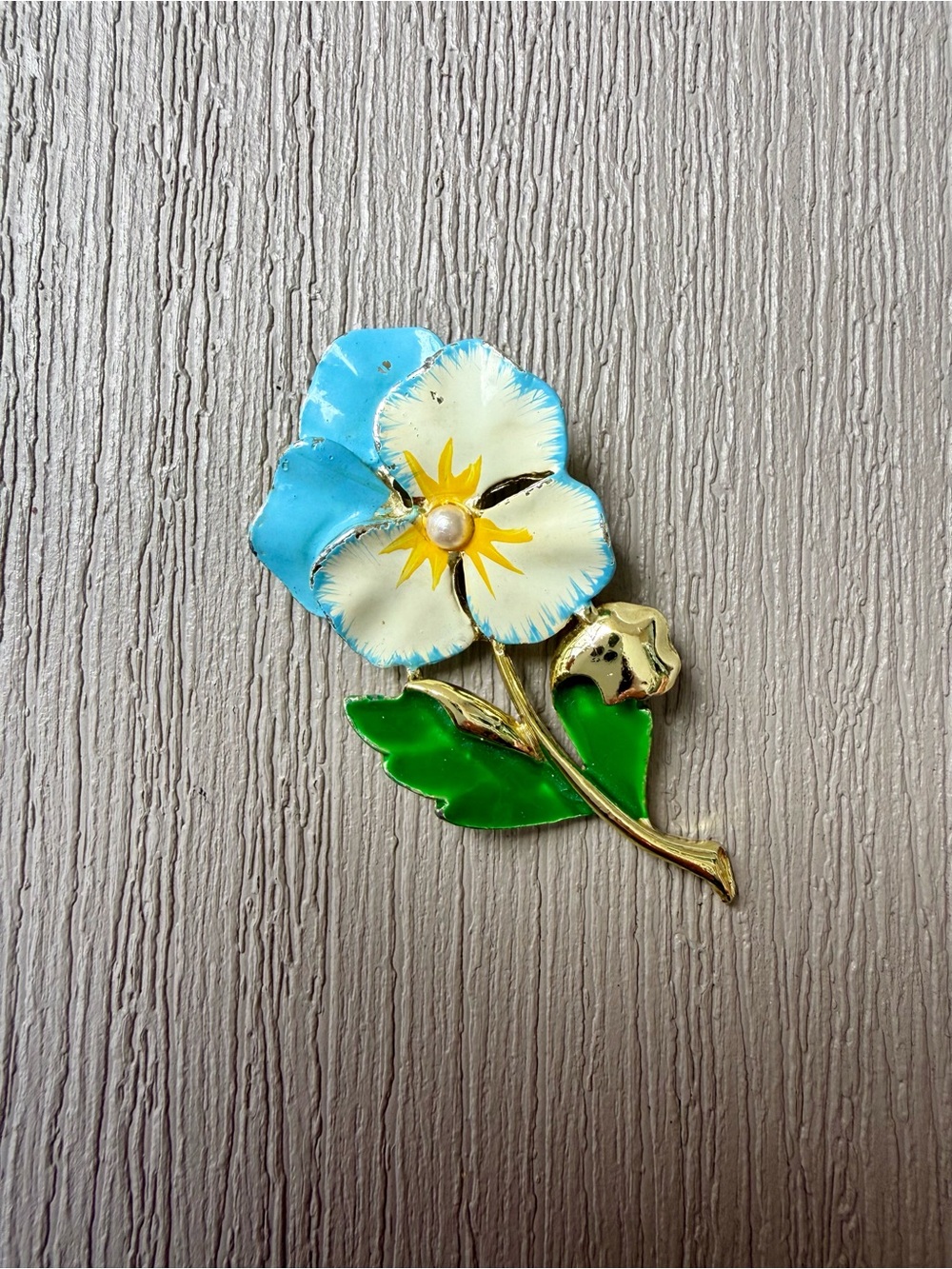 Vintage 1960s Gerry’S Blue Pansy Enamel Flower Brooch Pearl Pin